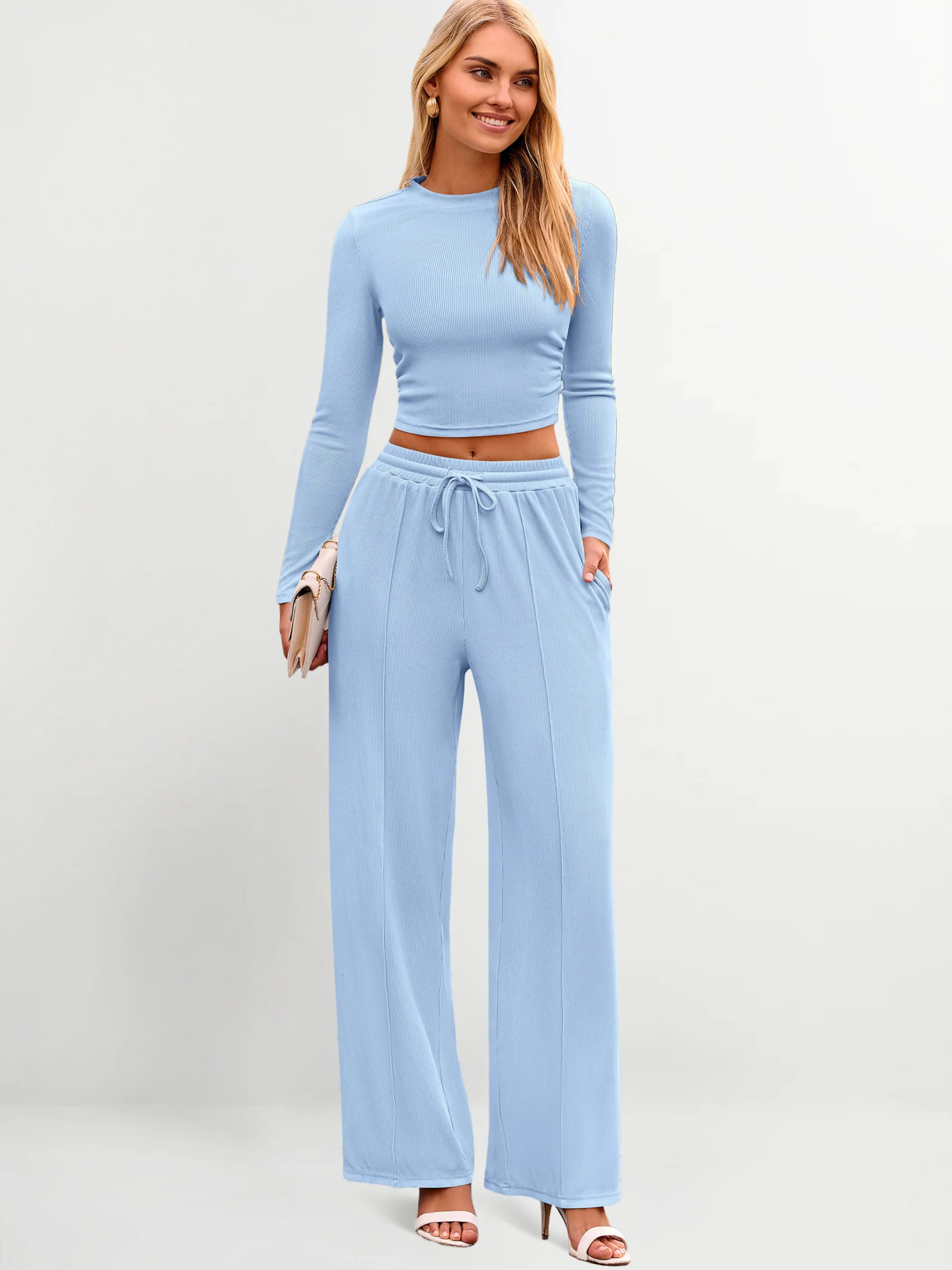 Women’s light blue two-piece casual set with long sleeve crop top and wide leg pants – Bloom fashion outfit