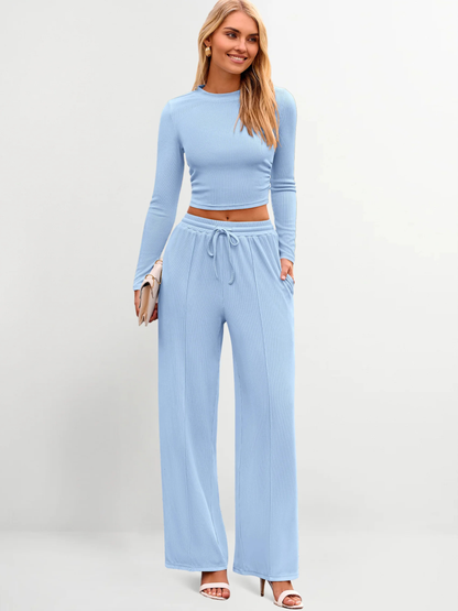 Women’s light blue two-piece casual set with long sleeve crop top and wide leg pants – Bloom fashion outfit